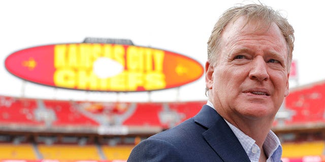 NFL Commissioner Roger Goodell on the field prior to a game between the Los Angeles Chargers and Kansas City Chiefs at Arrowhead Stadium Sept. 15, 2022, in Kansas City, Mo. 