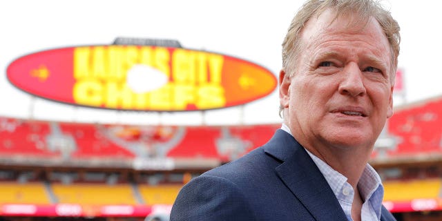 NFL Commissioner Roger Goodell on the field before the game between the Los Angeles Chargers and Kansas City Chiefs at Arrowhead Stadium on September 15, 2022 in Kansas City, Missouri.