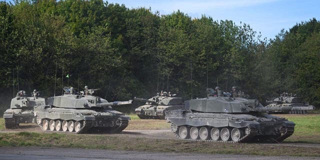 Challenger 2 main battle tanks are displayed for the Royal Tank Regiment Regimental Parade, on 24th September 2022, in Bulford, England.