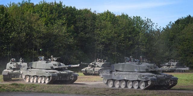 Challenger 2 main battle tanks are displayed for the Royal Tank Regiment Regimental Parade, on 24th September 2022, in Bulford, England.