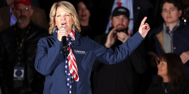 Arizona Republican party chairwoman Kelli Ward speaks during a get out the vote campaign rally on November 07, 2022 in Prescott, Arizona. 