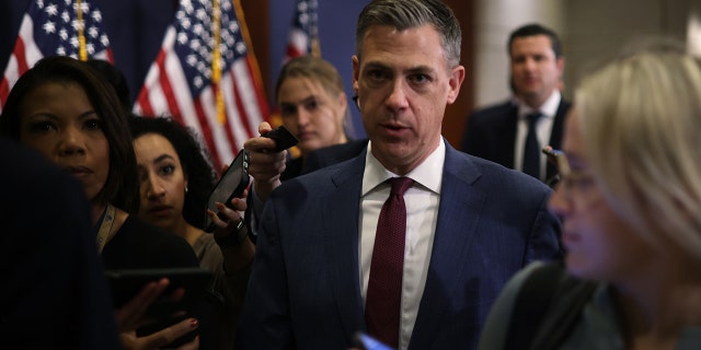 US Rep. Jim Banks, R-Ind., arrives at the House Republican caucus leadership elections at the US Capitol Visitors Center on November 15, 2022 in Washington, DC. 