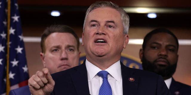 Flanked by House Republicans, Rep. James Comer, R-Ky., speaks during a news conference at the U.S. Capitol in Washington, D.C., on Nov. 17, 2022.