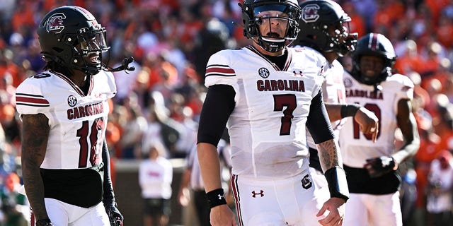 Spencer Rattler of the South Carolina Gamecocks celebrates a touchdown against the Clemson Tigers at Memorial Stadium on Nov. 26, 2022, in Clemson, South Carolina.