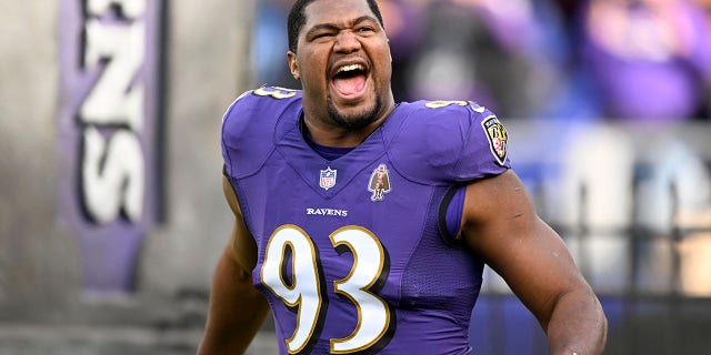 Calais Campbell of the Baltimore Ravens is introduced before a game against the Denver Broncos at M&T Bank Stadium Dec. 4, 2022, in Baltimore.