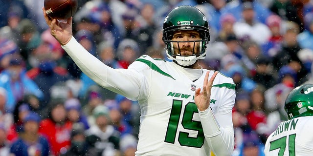 Joe Flacco of the New York Jets throws a pass in the second half of a game against the Buffalo Bills at Highmark Stadium on December 11, 2022 in Orchard Park, NY 