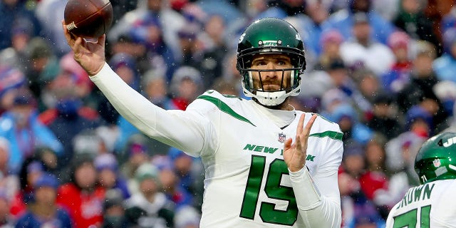 Joe Flacco of the New York Jets throws a pass in the second half of a game against the Buffalo Bills at Highmark Stadium on December 11, 2022 in Orchard Park, NY 