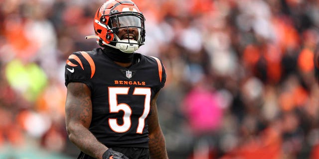 Germaine Pratt, number 57 of the Cincinnati Bengals, walks on the sideline during an NFL football game against the Cleveland Browns at Paycor Stadium on December 11, 2022 in Cincinnati.