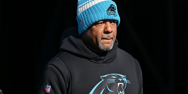 Interim Head Coach Steve Wilks of the Carolina Panthers during warmups before a game against the Detroit Lions at Bank of America Stadium on December 24, 2022 in Charlotte, NC 