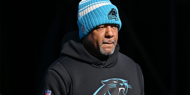 Interim Head Coach Steve Wilks of the Carolina Panthers during warmups before a game against the Detroit Lions at Bank of America Stadium on December 24, 2022 in Charlotte, NC 