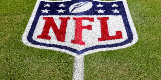 The NFL logo on the field at Hard Rock Stadium in Miami Gardens, Florida, on Dec. 25, 2022.