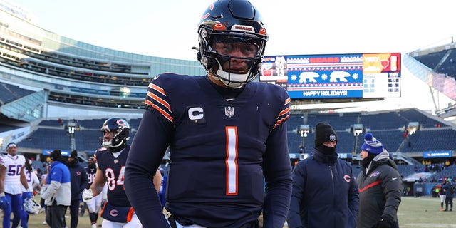 Justin Fields of the Chicago Bears reacts after a game against the Buffalo Bills at Soldier Field on December 24, 2022 in Chicago. 
