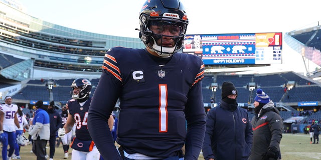 Justin Fields of the Chicago Bears reacts after a game against the Buffalo Bills at Soldier Field on December 24, 2022 in Chicago. 