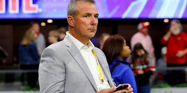 Urban Meyer before a game between the Ohio State Buckeyes and the Georgia Bulldogs in the Chick-fil-A Peach Bowl at Mercedes-Benz Stadium on December 31, 2022, in Atlana.