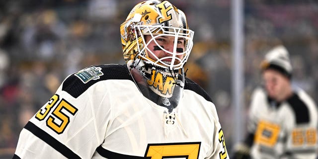 Tristan Jarry of the Pittsburgh Penguins warms up for the Winter Classic at Fenway Park on January 2, 2023.