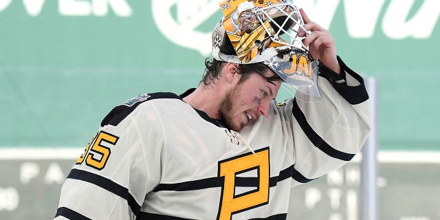 Tristan Jarry of the Pittsburgh Penguins during the Winter Classic game on January 2, 2023 in Boston, Massachusetts.