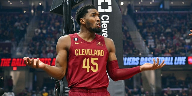 Donovan Mitchell, #45 of the Cleveland Cavaliers, reacts during the first half against the Chicago Bulls at Rocket Mortgage Fieldhouse on January 2, 2023 in Cleveland.