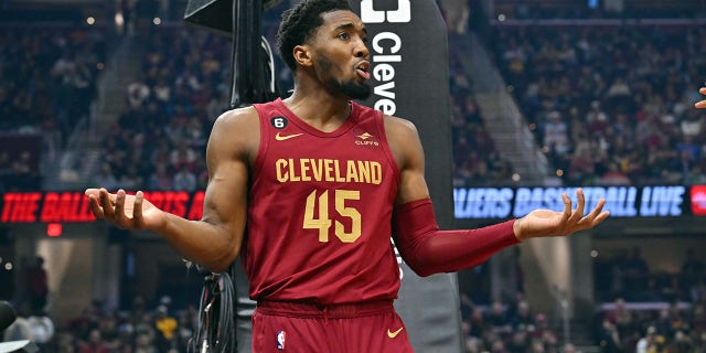 Donovan Mitchell, #45 of the Cleveland Cavaliers, reacts during the first half against the Chicago Bulls at Rocket Mortgage Fieldhouse on January 2, 2023 in Cleveland.