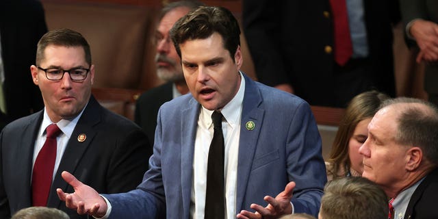 Rep.-elect Matt Gaetz talks to fellow members-elect during the second day of elections for speaker of the House at the U.S. Capitol on Jan. 4, 2023.