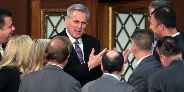 Democrats supporting a moderate Republican as speaker would be 'mature,' 'patriotic': WaPo columnist U.S. House Republican Leader Kevin McCarthy (R-CA) talks to members-elect in the House Chamber during the second day of elections for Speaker of the House at the U.S. Capitol Building on January 04, 2023 in Washington, DC.