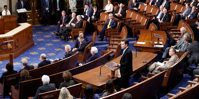 Rep. Matt Gaetz R-Fla., menyampaikan sambutan di Dewan DPR pada hari ketiga pemilihan Ketua DPR di US Capitol Building pada 05 Januari 2023 di Washington, DC.