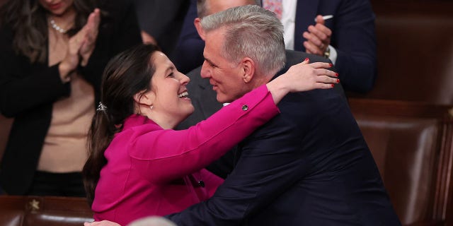 Rep. Elise Stefanik celebrates with House Republican Leader Kevin McCarthy after he is elected Speaker of the House in the House Chamber at the U.S. Capitol Building on January 07, 2023, in Washington, DC.