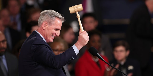 Speaker of the House Kevin McCarthy, R-Calif., celebrates with the gavel after being elected in the House Chamber at the US Capitol Building on Jan. 7, 2023 in Washington, DC