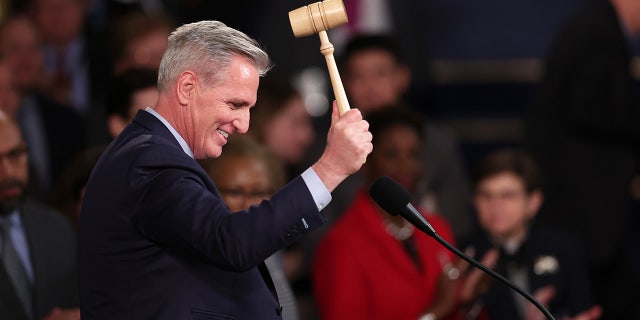 Speaker of the House Kevin McCarthy, R-Calif., celebrates with the gavel after being elected in the House Chamber at the US Capitol Building on Jan. 7, 2023 in Washington, DC