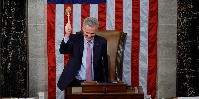 Speaker of the House Kevin McCarthy (R-CA) hits the gavel after being elected Speaker in the House Chamber at the U.S. Capitol Building on January 07, 2023 in Washington, DC. After four days of voting and 15 ballots McCarthy secured enough votes to become Speaker of the House for the 118th Congress. 