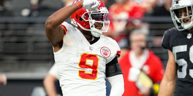 JuJu Smith-Schuster (9) of the Kansas City Chiefs reacts after a play against the Las Vegas Raiders during the first half at Allegiant Stadium Jan. 7, 2023, in Las Vegas. 