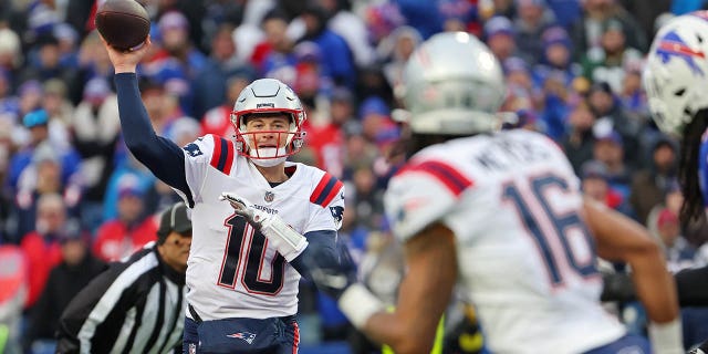 Mac Jones (10) of the New England Patriots attempts a pass during the third quarter against the Buffalo Bills at Highmark Stadium on January 8, 2023 in Orchard Park, NY 