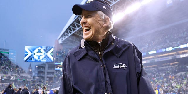 Seattle Seahawks head coach Pete Carroll celebrates after defeating the Los Angeles Rams in overtime at Lumen Field on January 8, 2023 in Seattle. 