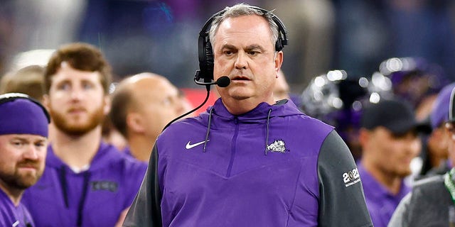 TCU Horned Frogs head coach Sonny Dykes watches from the bench during the first quarter against the Georgia Bulldogs in the College Football National Championship game at SoFi Stadium on January 9, 2023 in Inglewood, California. 