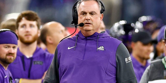 TCU Horned Frogs head coach Sonny Dykes watches from the bench during the first quarter against the Georgia Bulldogs in the College Football National Championship game at SoFi Stadium on January 9, 2023 in Inglewood, California. 