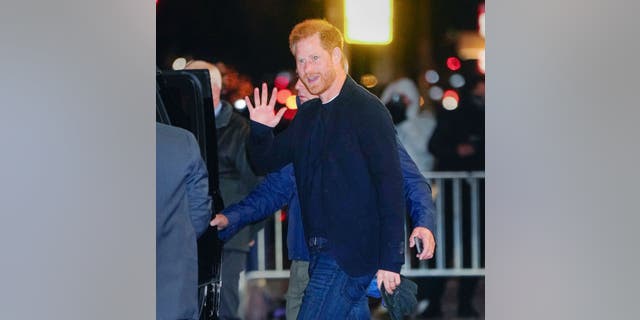 Prince Harry, Duke of Sussex is seen leaving "The Late Show with Stephen Colbert" on January 9, 2023 in New York City.