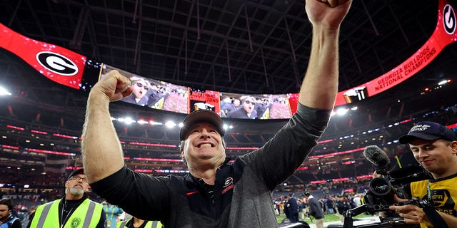 Georgia Bulldogs head coach Kirby Smart celebrates after defeating the TCU Horned Frogs in the college football national championship game at SoFi Stadium on January 9, 2023, in Inglewood, California.  Georgia defeated TCU 65-7.  