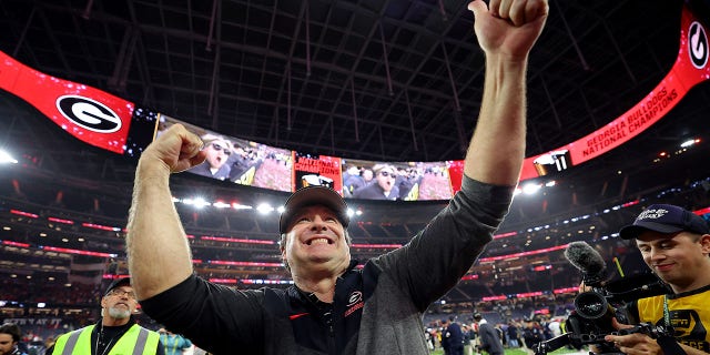 Georgia Bulldogs head coach Kirby Smart celebrates after defeating the TCU Horned Frogs in the college football national championship game at SoFi Stadium on January 9, 2023, in Inglewood, California.  Georgia defeated TCU 65-7.  