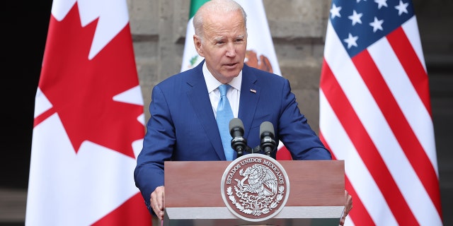 US President Joe Biden speaks during a press conference as part of the '2023 North America Summit' at the Palacio Nacional on January 10, 2023 in Mexico City, Mexico.