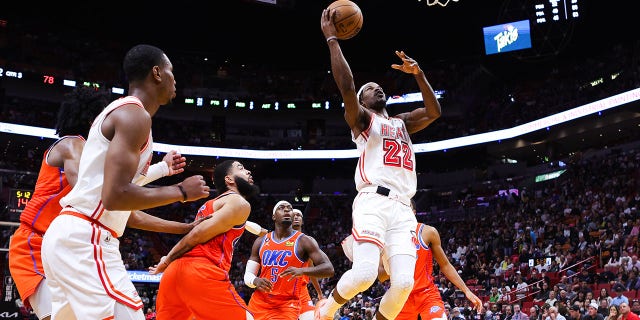 Heat's Jimmy Butler shoots against the Oklahoma City Thunder on January 10, 2023 in Miami.