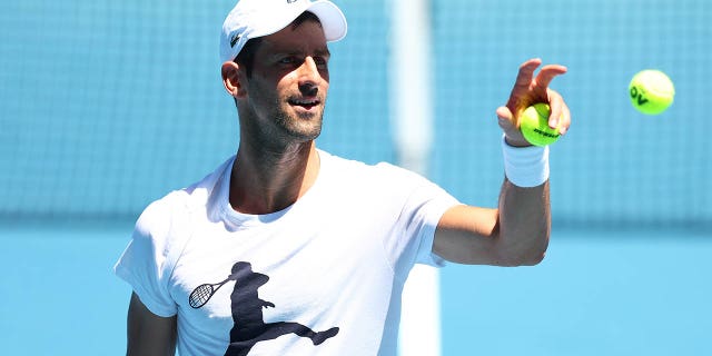 Novak Djokovic during a practice match against Daniil Medvedev ahead of the Australian Open at Melbourne Park on Jan. 11, 2023.