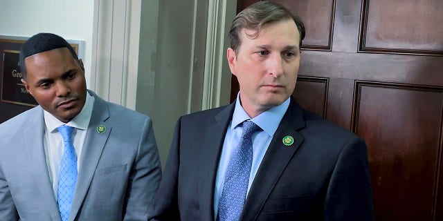 Washington, DC: Rep. Ritchie Torres (D-Bronx) and Rep. Daniel Goldman (D-Brooklyn) speak to reporters outside of Rep. George Santos' (R-NY) office on Jan 10, 2023, after delivering to Santos a copy of their complaint to the House Ethics Committee. 