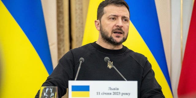 LVIV, UKRAINE - JANUARY 11: President of Ukraine Volodymyr Zelenskyi during a press conference following the tripartite meeting on January 11, 2023 in Lviv, Ukraine.