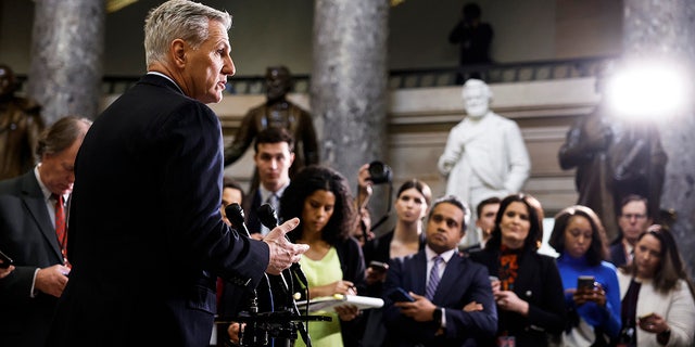 House Speaker Kevin McCarthy speaks at a news conference in Statuary Hall of the US Capitol Building on Jan. 12, 2023, in Washington, DC 