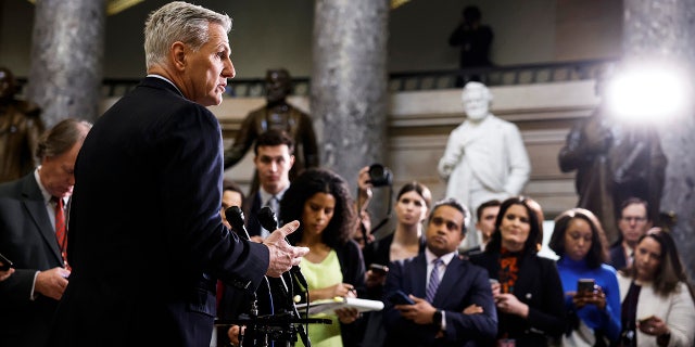 House Speaker Kevin McCarthy speaks at a news conference in Statuary Hall of the U.S. Capitol Building on Jan. 12, 2023, in Washington, D.C.