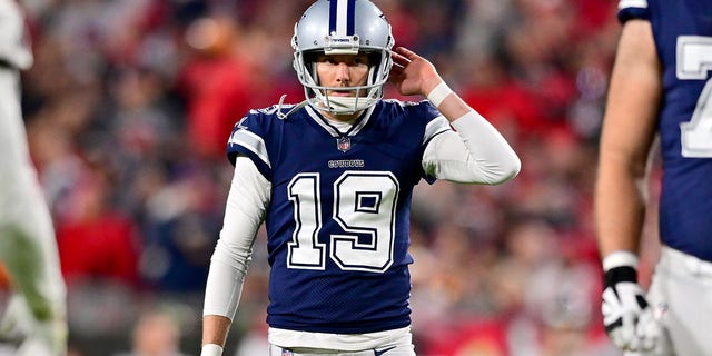 Brett Maher of the Dallas Cowboys reacts after missing an extra point against the Tampa Bay Buccaneers during the third quarter of an NFC Wild Card Playoff game at Raymond James Stadium on January 16, 2023 in Tampa, Florida. 