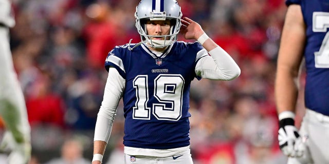 Brett Maher of the Dallas Cowboys reacts after missing an extra point against the Tampa Bay Buccaneers during the third quarter of an NFC Wild Card Playoff game at Raymond James Stadium on January 16, 2023 in Tampa, Florida. 