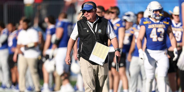 Head coach John Stiegelmeier of the South Dakota State Jackrabbits against the North Dakota State Bison in the Division I FCS football championship at Toyota Stadium Jan. 8, 2023, in Frisco, Texas. 