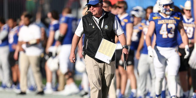 Head coach John Stiegelmeier of the South Dakota State Jackrabbits against the North Dakota State Bison in the Division I FCS football championship at Toyota Stadium Jan. 8, 2023, in Frisco, Texas.