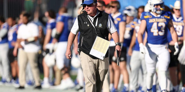 Head Coach John Stiegelmeier of the South Dakota State Jackrabbits against the North Dakota State Bisons in the Division I FCS Football Championship at Toyota Stadium on January 8, 2023 in Frisco, Texas. 