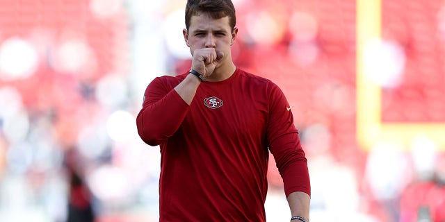 Brock Purdy, #13 of the San Francisco 49ers, warms up prior to a game against the Dallas Cowboys in the NFC Divisional Playoff game at Levi's Stadium on Jan. 22, 2023 in Santa Clara, California.